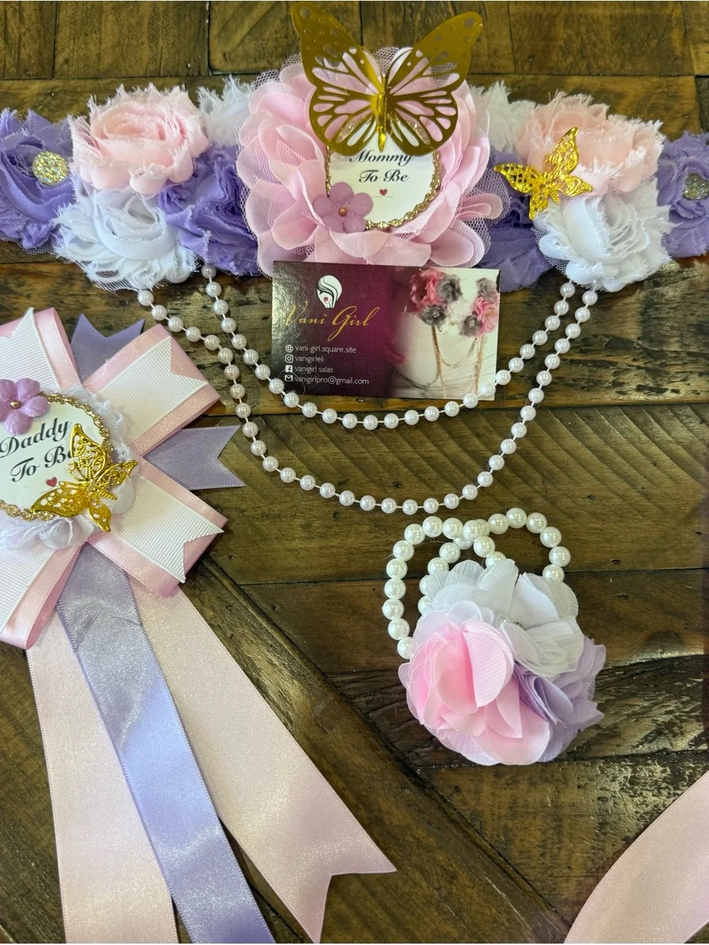 Floral Pink & Lavender Maternity Sash with Pearl Bracelet